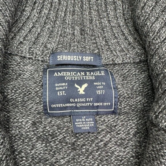American Eagle Seriously Soft Quarter Zip Sweater Mens Large Tall LT Gray Ribbed - Picture 2 of 14